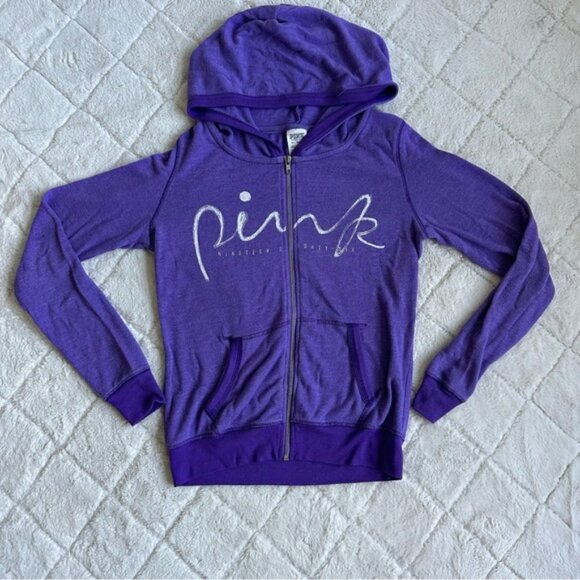 Victoria's Secret PINK | Purple Script Full Zip Logo Hoodie | Size Extra Small - Picture 2 of 11